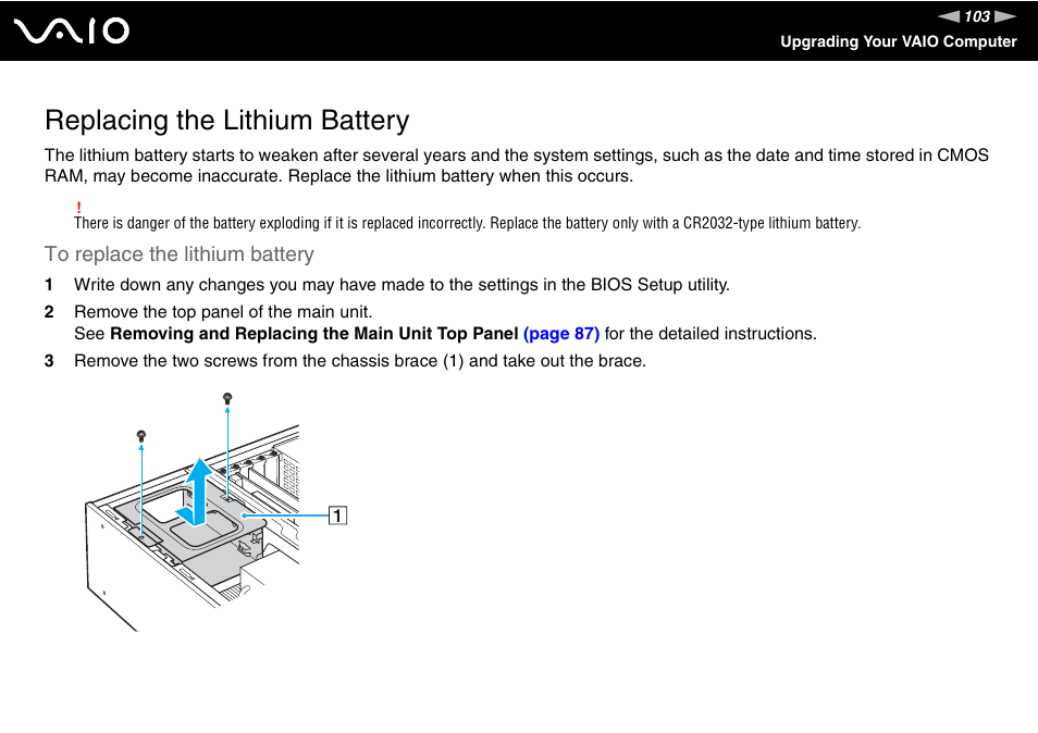 Replacing the lithium battery | Sony VGC-RM1 User Manual | Page 103 / 170