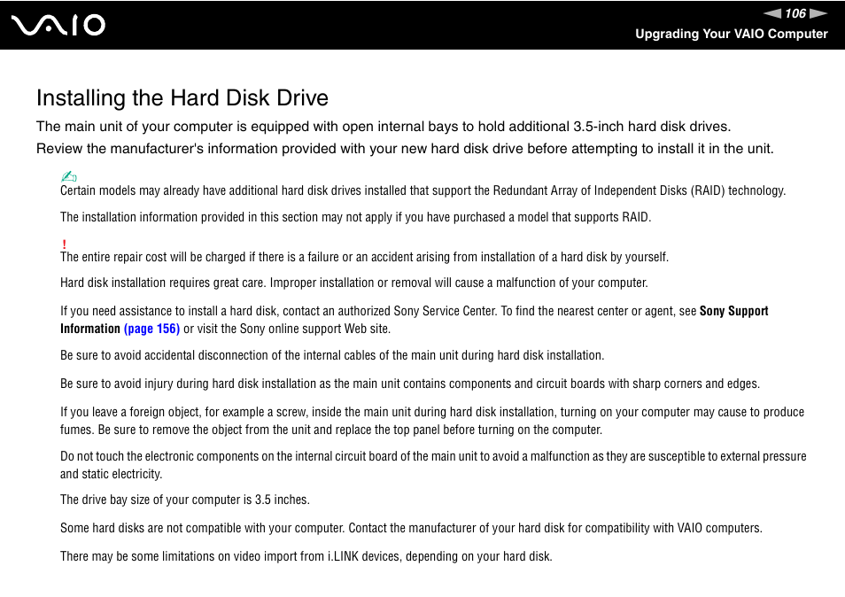 Installing the hard disk drive | Sony VGC-RM1 User Manual | Page 106 / 170