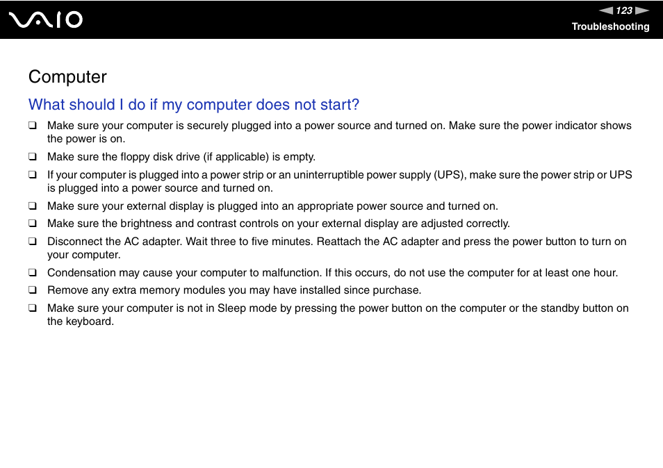 Computer, What should i do if my computer does not start | Sony VGC-RM1 User Manual | Page 123 / 170
