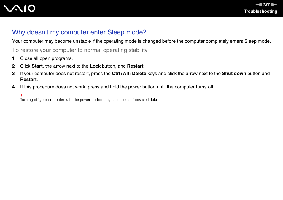 Why doesn't my computer enter sleep mode | Sony VGC-RM1 User Manual | Page 127 / 170