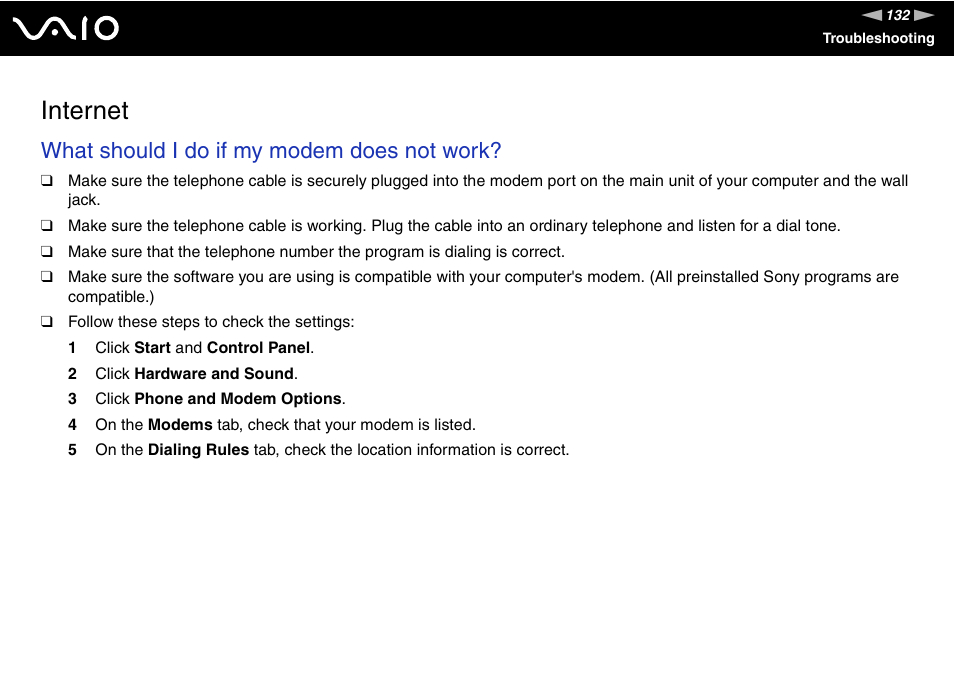 Internet, What should i do if my modem does not work | Sony VGC-RM1 User Manual | Page 132 / 170