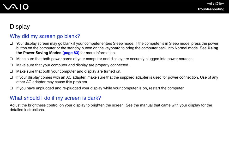 Display, Why did my screen go blank, What should i do if my screen is dark | Sony VGC-RM1 User Manual | Page 142 / 170
