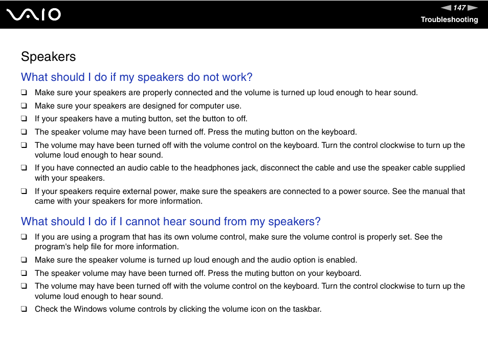 Speakers, What should i do if my speakers do not work | Sony VGC-RM1 User Manual | Page 147 / 170