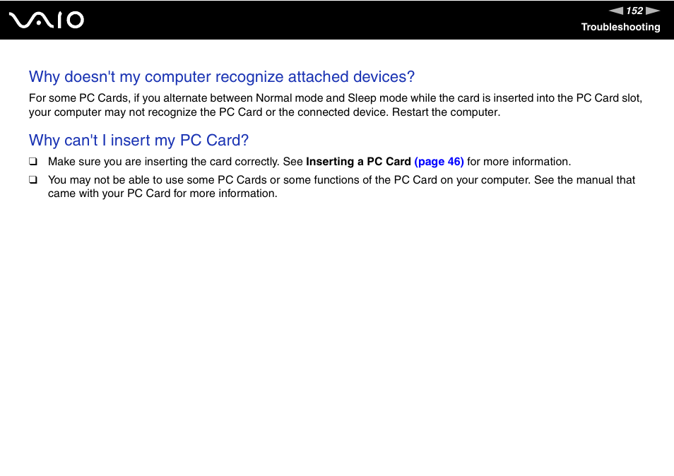 Why doesn't my computer recognize attached devices, Why can't i insert my pc card | Sony VGC-RM1 User Manual | Page 152 / 170