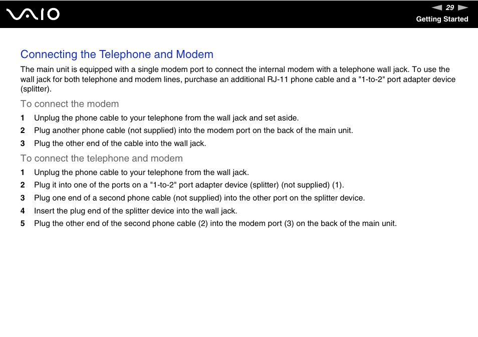 Connecting the telephone and modem | Sony VGC-RM1 User Manual | Page 29 / 170