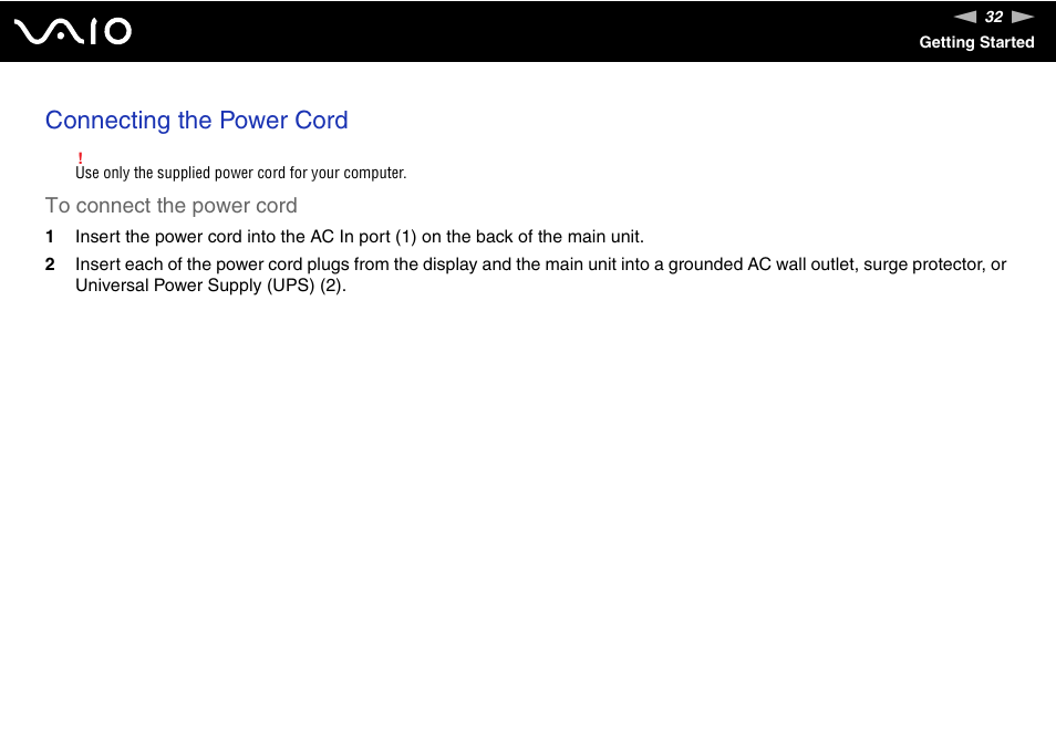 Connecting the power cord | Sony VGC-RM1 User Manual | Page 32 / 170