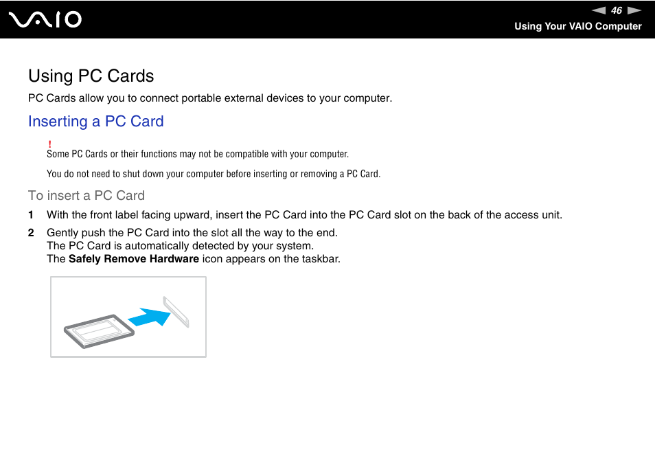 Using pc cards, Inserting a pc card | Sony VGC-RM1 User Manual | Page 46 / 170