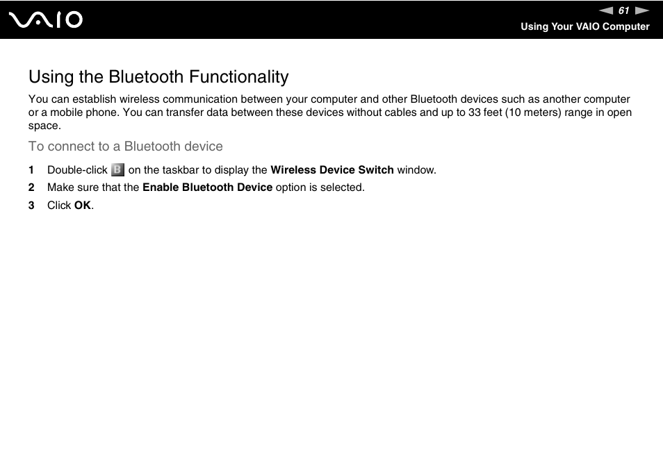 Using the bluetooth functionality | Sony VGC-RM1 User Manual | Page 61 / 170