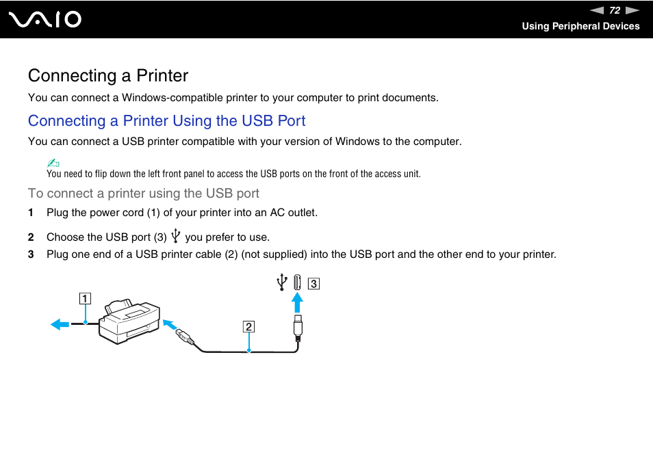 Connecting a printer, Connecting a printer using the usb port | Sony VGC-RM1 User Manual | Page 72 / 170