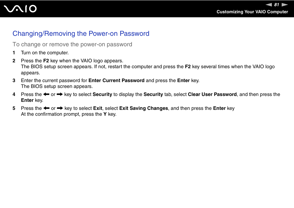 Changing/removing the power-on password | Sony VGC-RM1 User Manual | Page 81 / 170