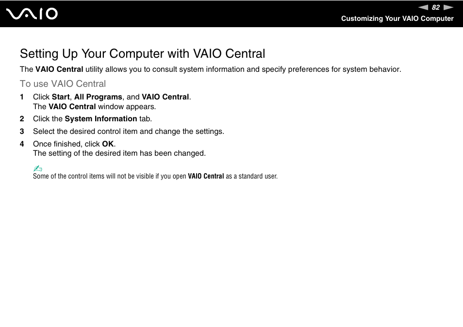Setting up your computer with vaio central | Sony VGC-RM1 User Manual | Page 82 / 170