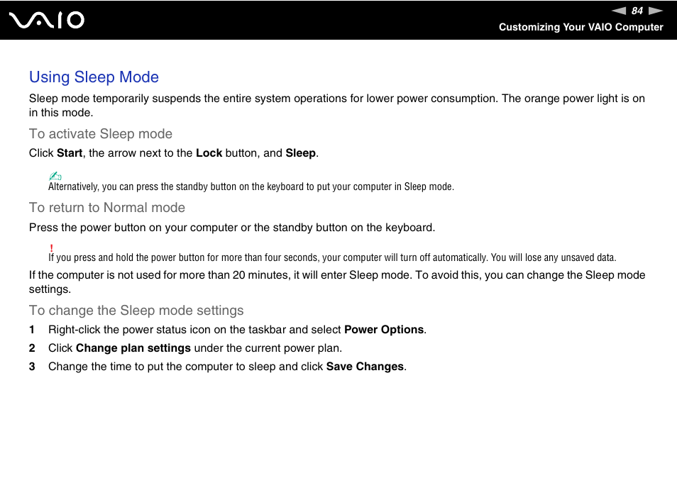 Using sleep mode | Sony VGC-RM1 User Manual | Page 84 / 170