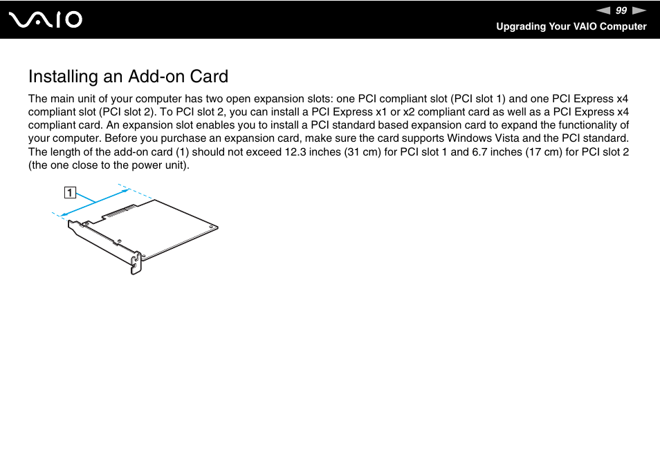 Installing an add-on card | Sony VGC-RM1 User Manual | Page 99 / 170