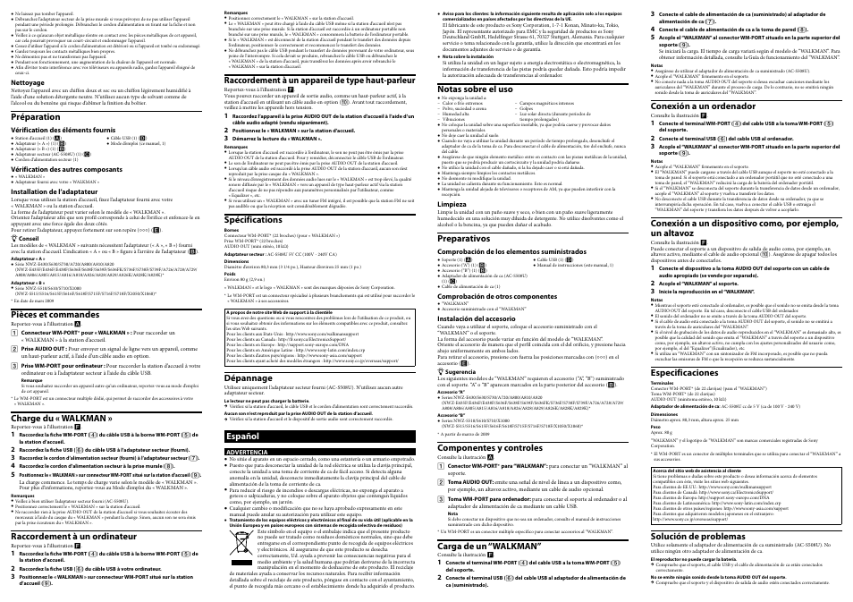 Préparation, Pièces et commandes, Charge du « walkman | Raccordement à un ordinateur, Raccordement à un appareil de type haut-parleur, Spécifications, Dépannage, Español, Notas sobre el uso, Preparativos | Sony Walkman BCR-NWU7 User Manual | Page 2 / 2
