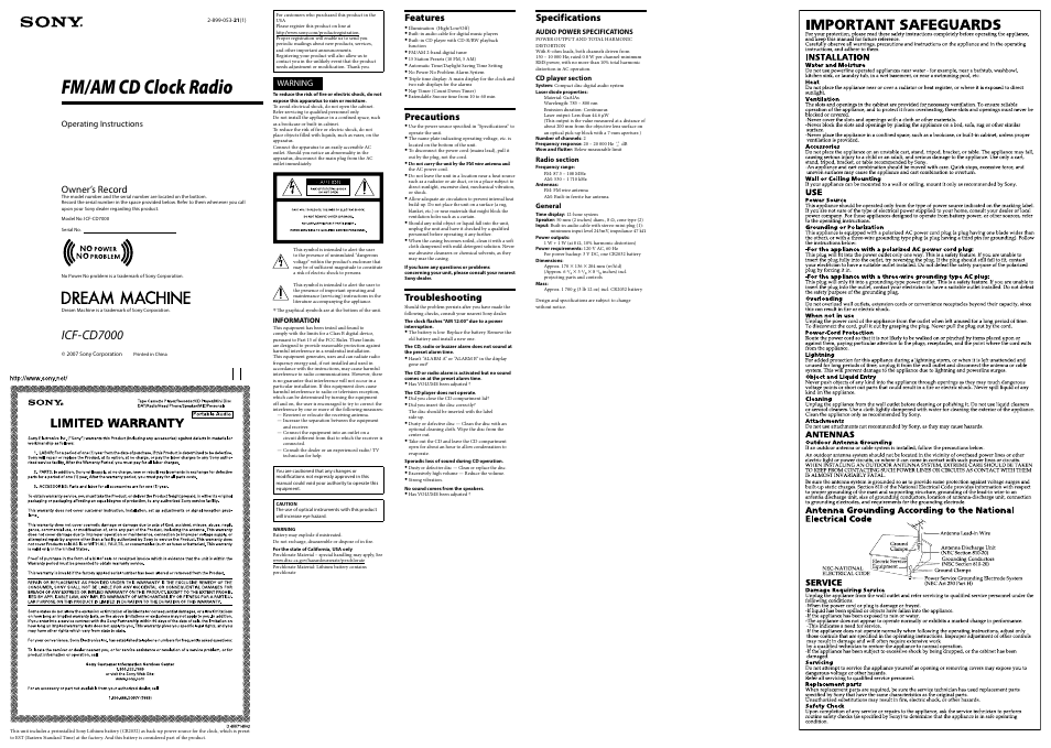 Sony DREAM MACHINE ICF-CD7000 User Manual | 2 pages