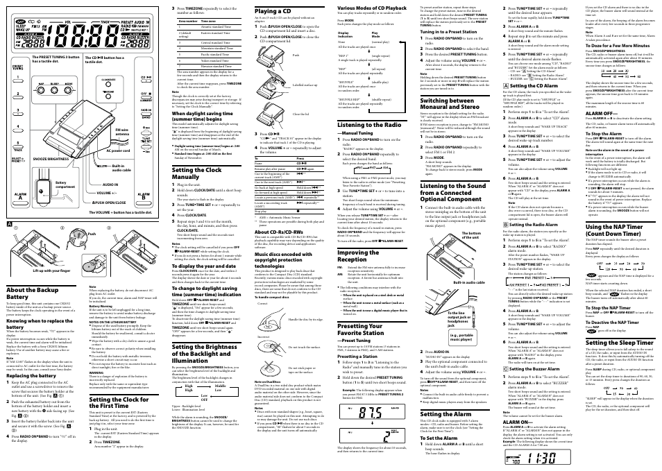 Setting the clock manually, Setting the clock for the first time, Playing a cd | Listening to the radio, Improving the reception, Presetting your favorite station, Switching between monaural and stereo, Setting the alarm, About the backup battery, Using the nap timer (count down timer) | Sony DREAM MACHINE ICF-CD7000 User Manual | Page 2 / 2