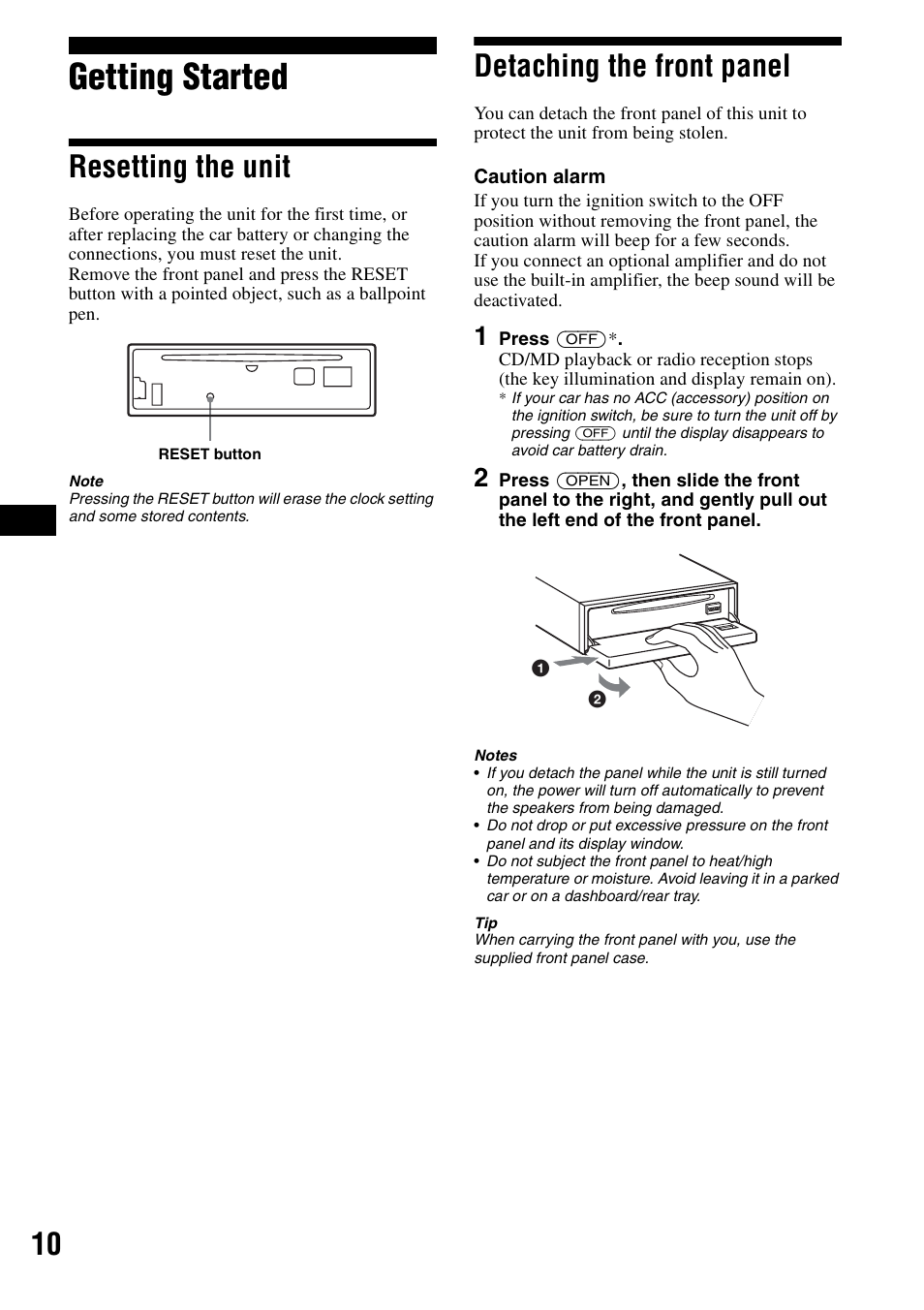 Getting started, Resetting the unit, Detaching the front panel | Resetting the unit detaching the front panel | Sony CDX-F7700 User Manual | Page 10 / 72