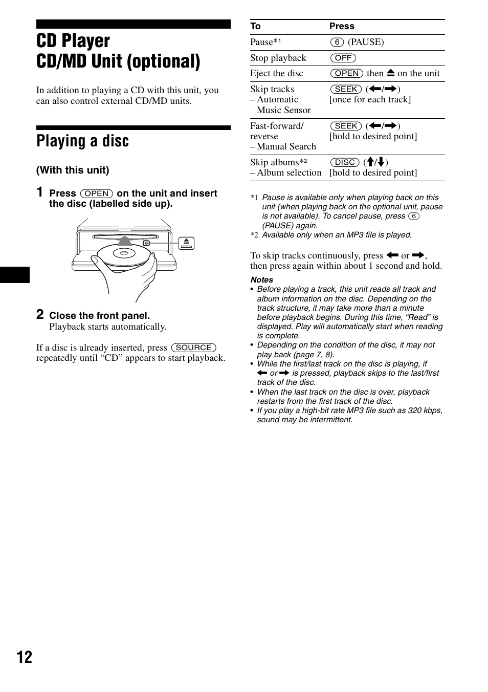 Cd player cd/md unit (optional), Playing a disc | Sony CDX-F7700 User Manual | Page 12 / 72