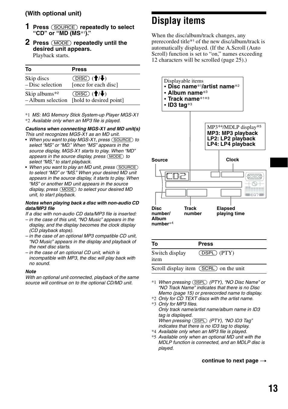 Display items, With optional unit) | Sony CDX-F7700 User Manual | Page 13 / 72
