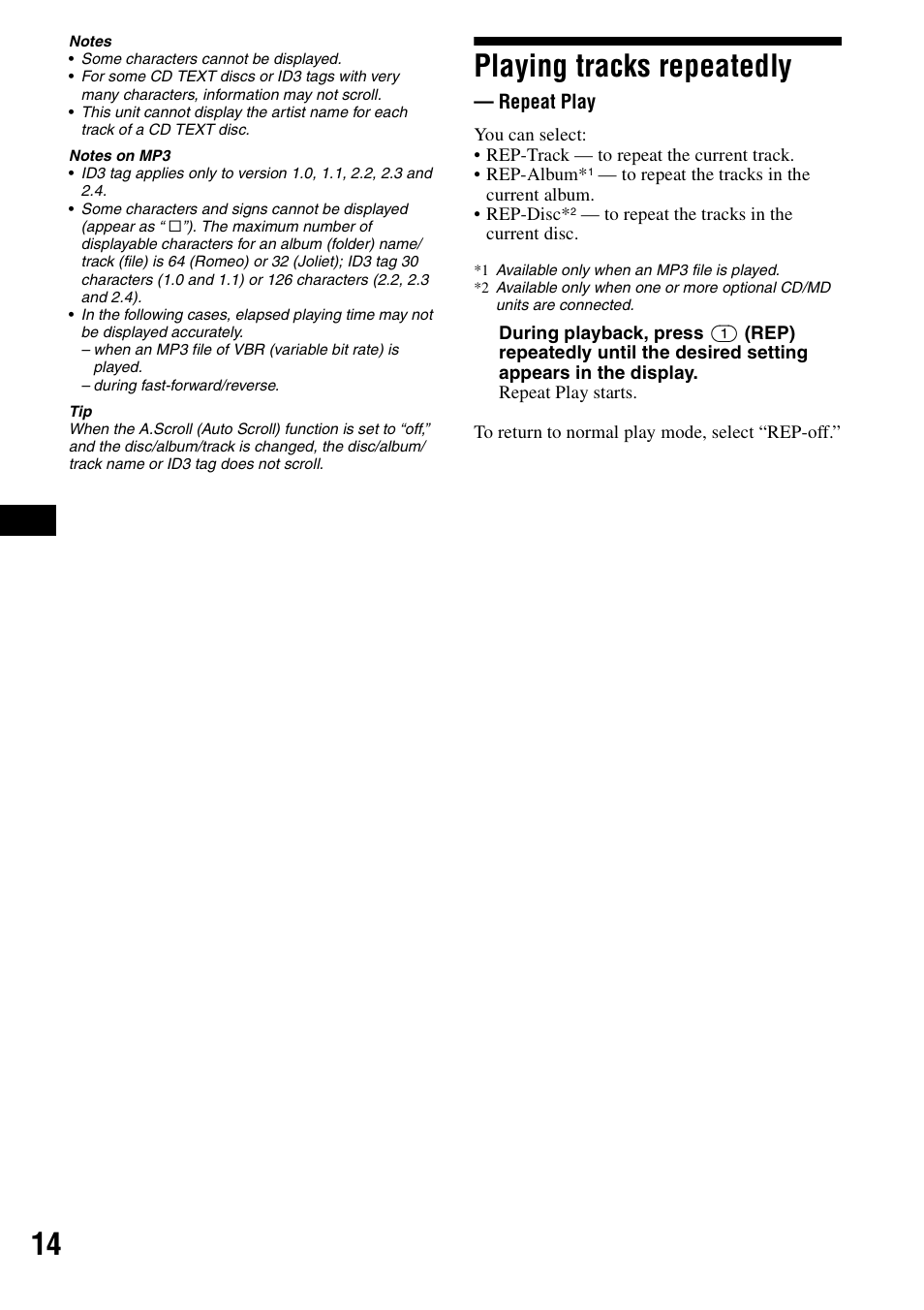 Playing tracks repeatedly, Repeat play, Rep 14 | Sony CDX-F7700 User Manual | Page 14 / 72