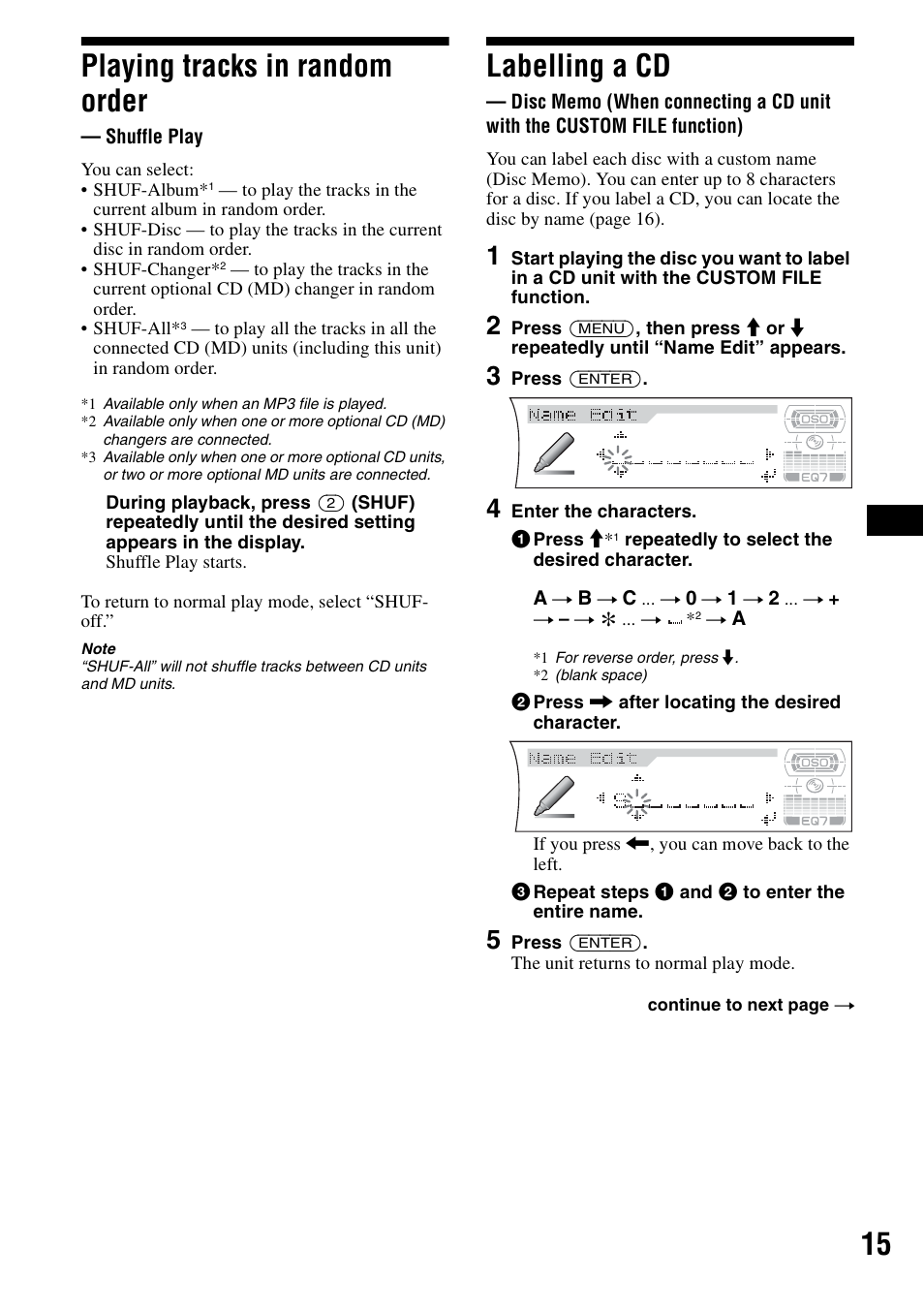 Playing tracks in random order, Shuffle play, Labelling a cd | Disc memo, 15 playing tracks in random order | Sony CDX-F7700 User Manual | Page 15 / 72