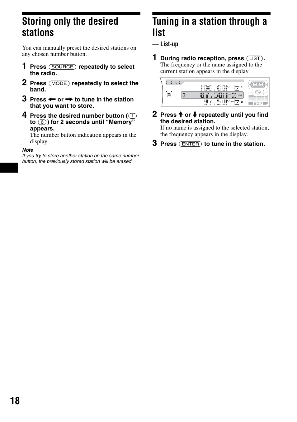 Storing only the desired stations, Tuning in a station through a list, List-up | 18 storing only the desired stations | Sony CDX-F7700 User Manual | Page 18 / 72