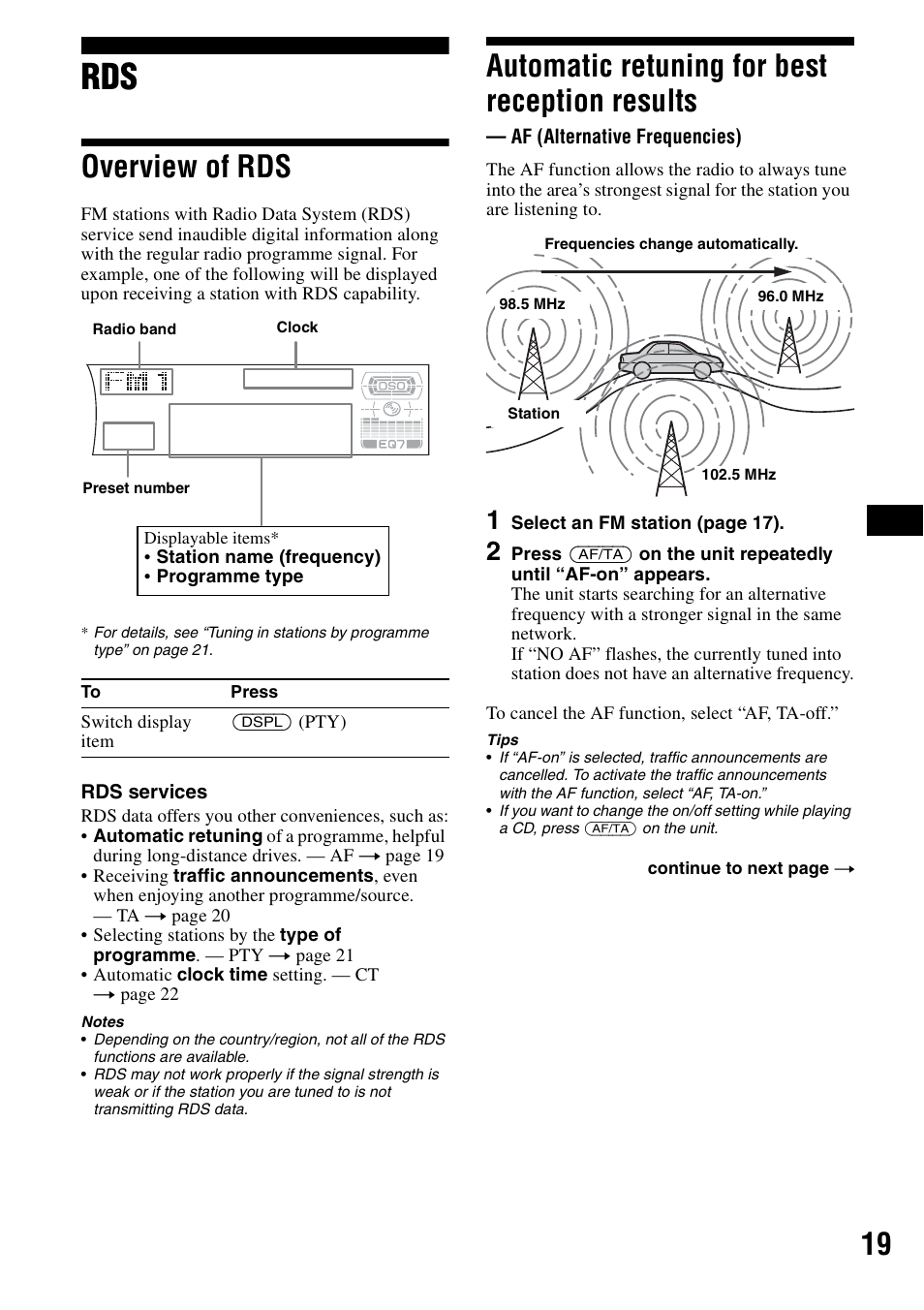Overview of rds, Automatic retuning for best reception results, Af (alternative frequencies) | Sony CDX-F7700 User Manual | Page 19 / 72