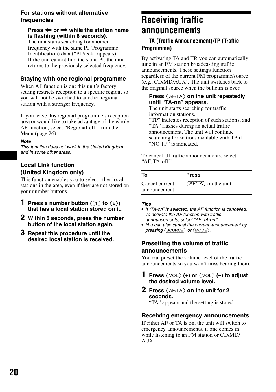 Receiving traffic announcements, Ta (traffic announcement)/tp (traffic programme), Ta (traffic announcement)/ tp (traffic programme) | Sony CDX-F7700 User Manual | Page 20 / 72