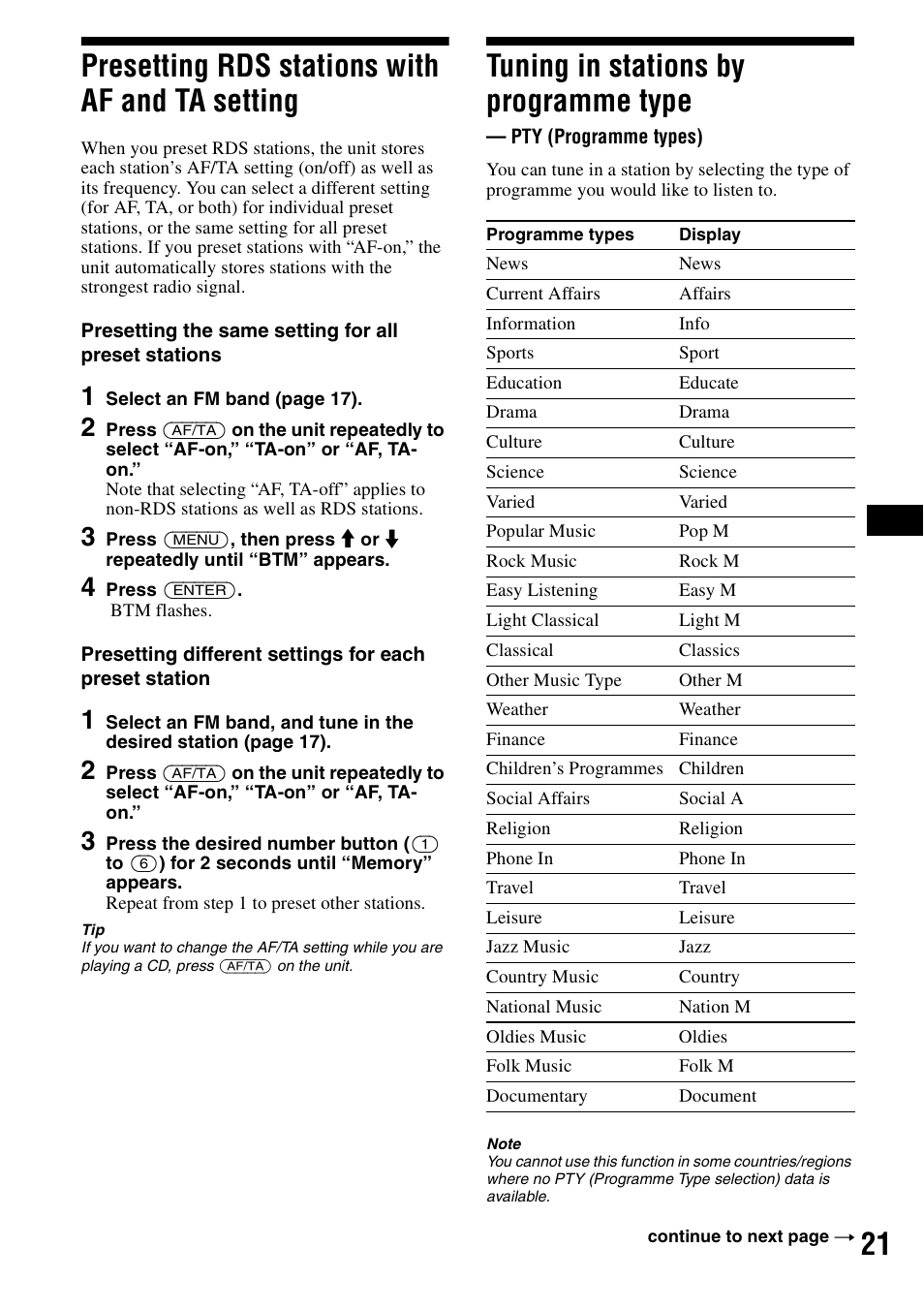 Presetting rds stations with af and ta setting, Tuning in stations by programme type, Pty (programme types) | Presetting rds stations with af and ta, Setting, See “tuning in stations by programme, 21 presetting rds stations with af and ta setting | Sony CDX-F7700 User Manual | Page 21 / 72
