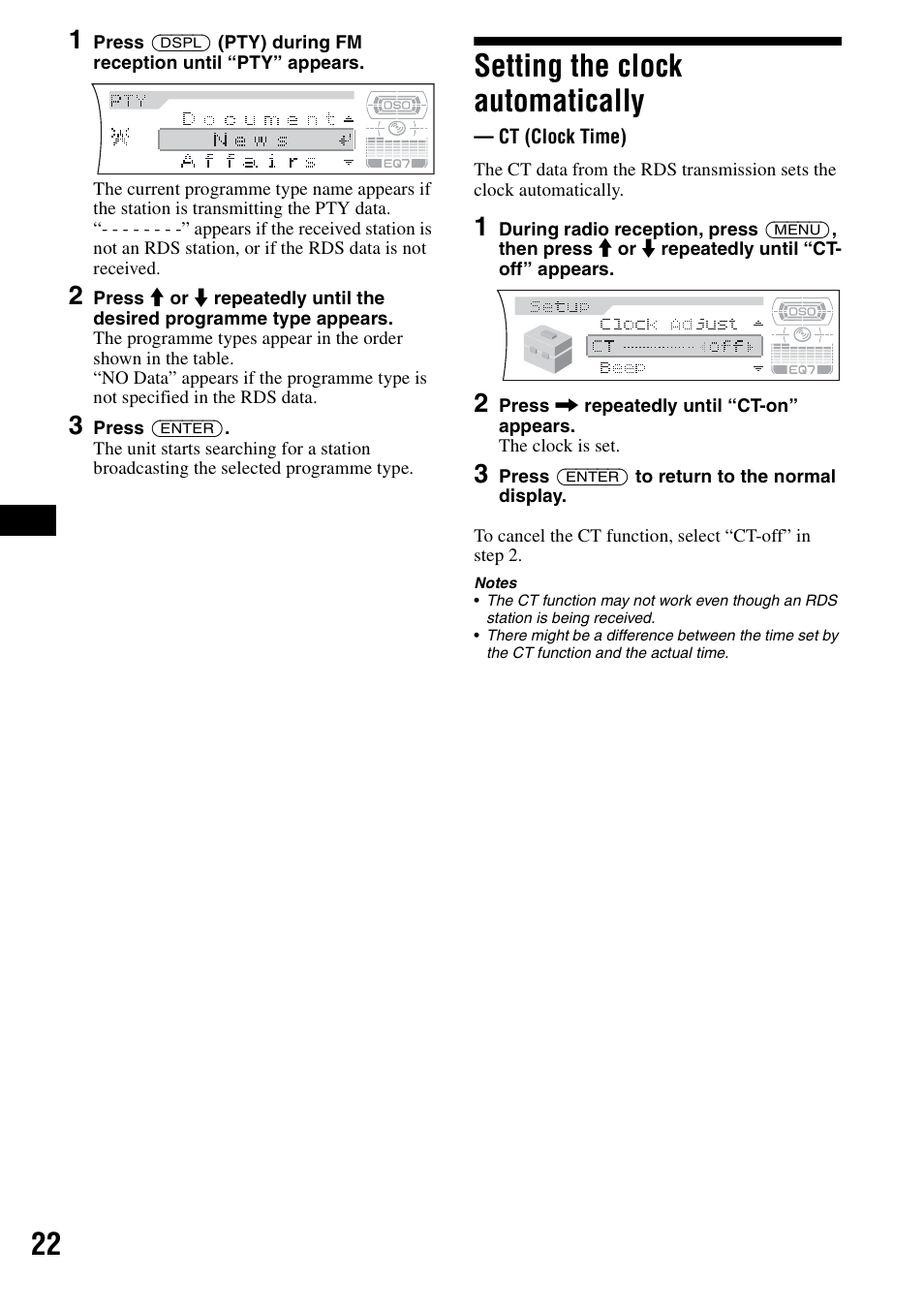 Setting the clock automatically, Ct (clock time) | Sony CDX-F7700 User Manual | Page 22 / 72