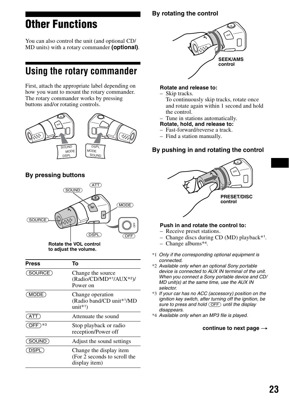 Other functions, Using the rotary commander | Sony CDX-F7700 User Manual | Page 23 / 72