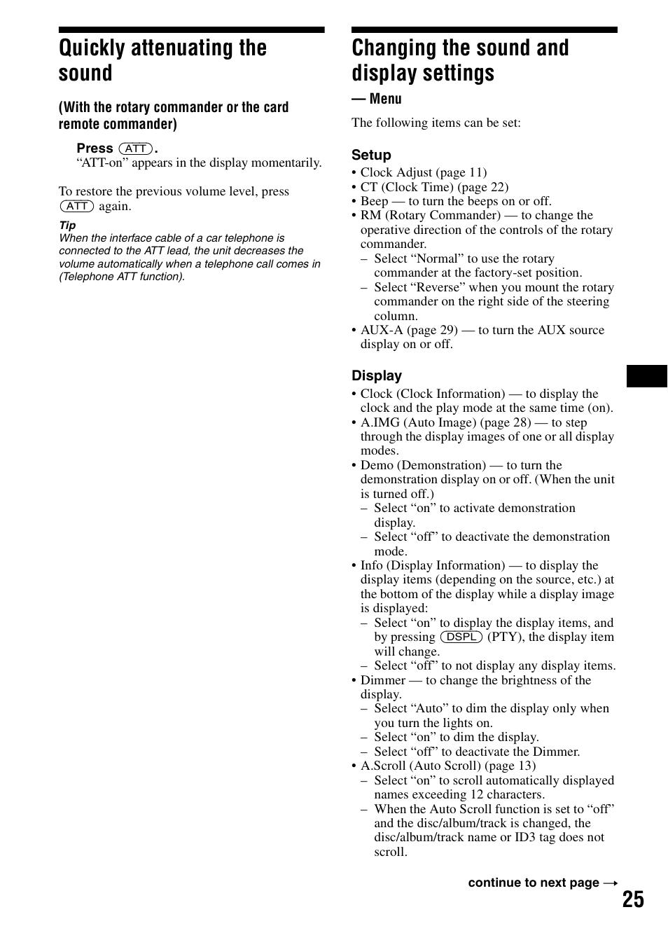 Quickly attenuating the sound, Changing the sound and display settings, Menu | 25 quickly attenuating the sound | Sony CDX-F7700 User Manual | Page 25 / 72