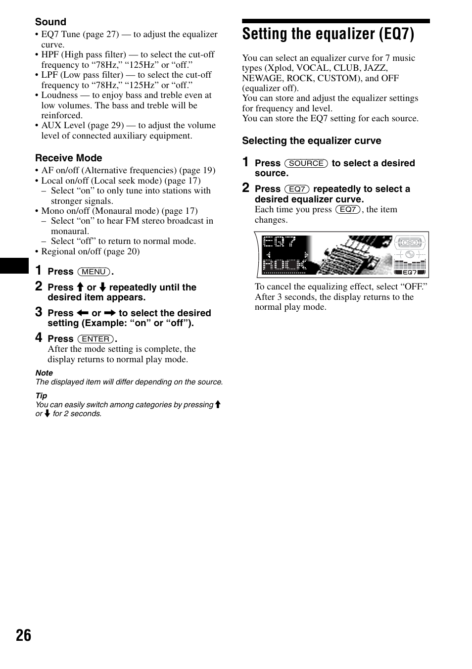 Setting the equalizer (eq7) | Sony CDX-F7700 User Manual | Page 26 / 72