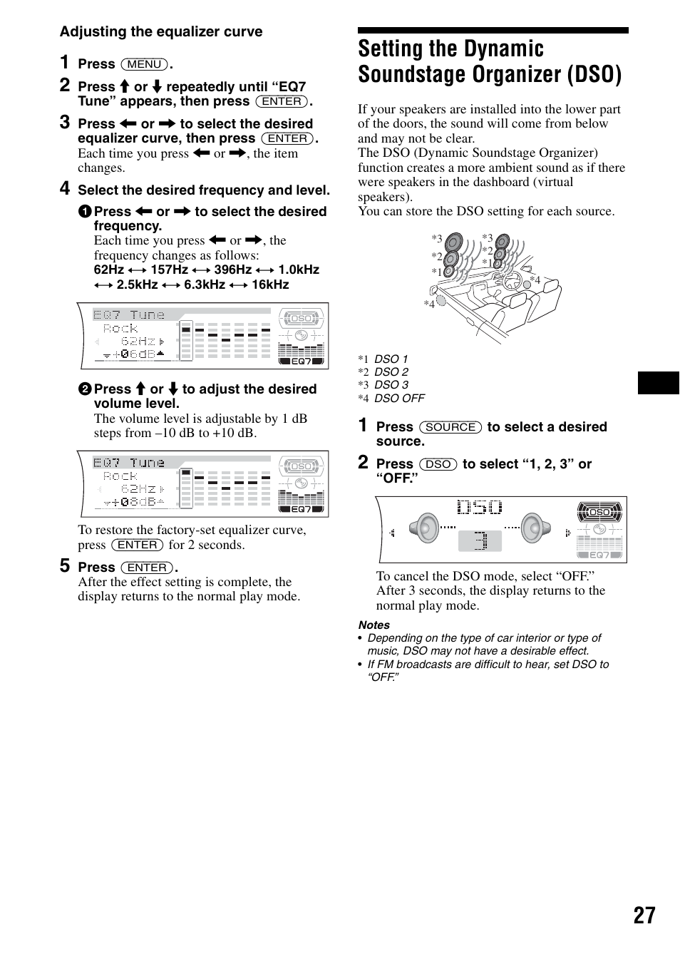 Setting the dynamic soundstage organizer (dso), Setting the dynamic soundstage organizer, Dso) | Sony CDX-F7700 User Manual | Page 27 / 72