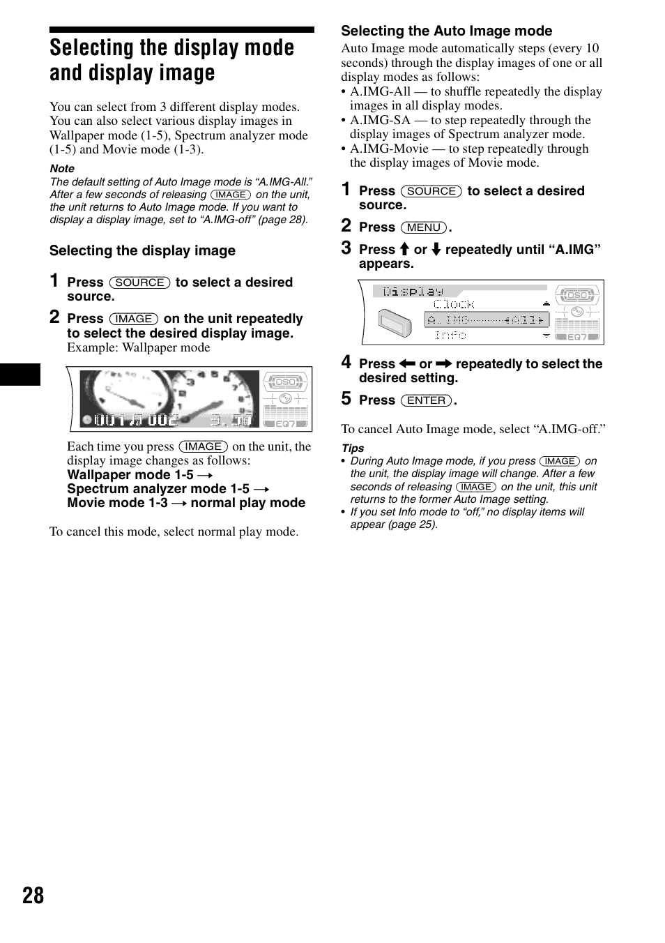 Selecting the display mode and display image, Selecting the display mode and display, Image | On 28, 28 selecting the display mode and display image | Sony CDX-F7700 User Manual | Page 28 / 72