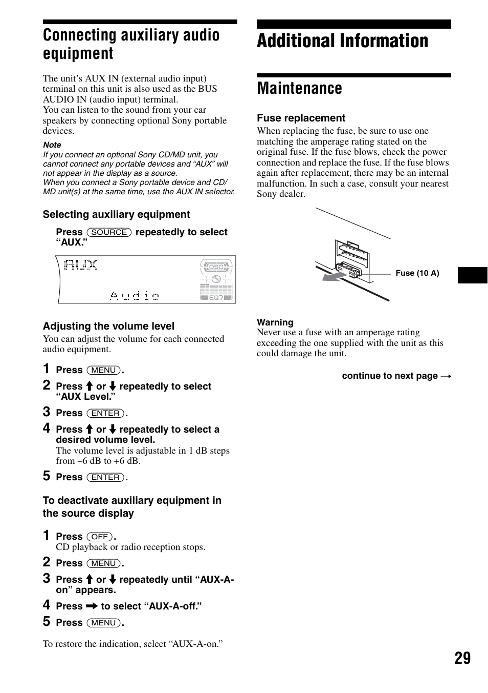 Connecting auxiliary audio equipment, Additional information, Maintenance | 29 connecting auxiliary audio equipment | Sony CDX-F7700 User Manual | Page 29 / 72