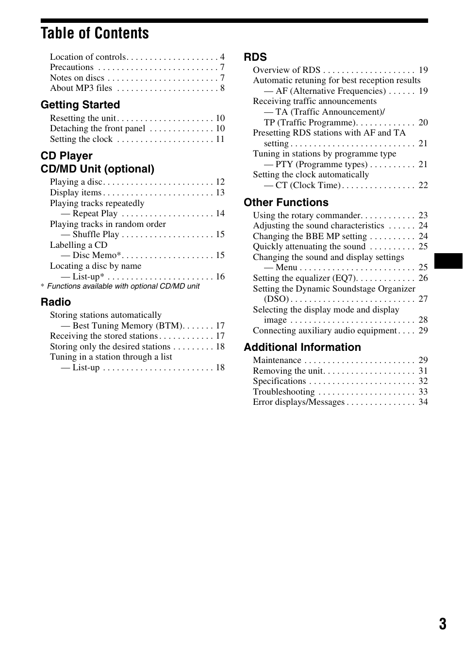 3table of contents | Sony CDX-F7700 User Manual | Page 3 / 72