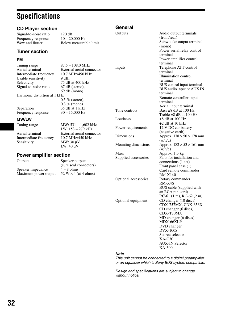 Specifications, 32 specifications | Sony CDX-F7700 User Manual | Page 32 / 72