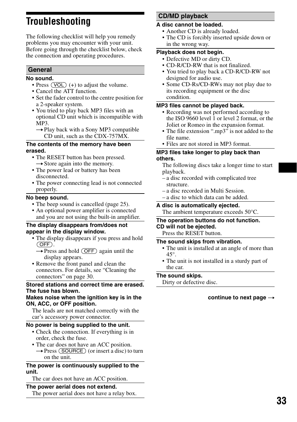 Troubleshooting, 33 troubleshooting | Sony CDX-F7700 User Manual | Page 33 / 72