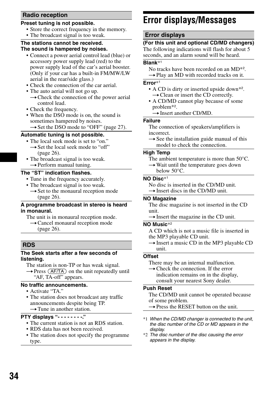 Error displays/messages, 34 error displays/messages | Sony CDX-F7700 User Manual | Page 34 / 72