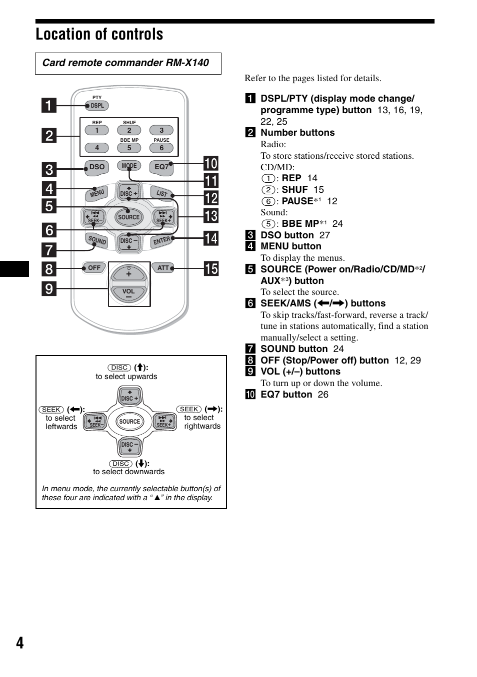Location of controls, 4location of controls, Card remote commander rm-x140 | 12 sound: (5): bbe mp | Sony CDX-F7700 User Manual | Page 4 / 72
