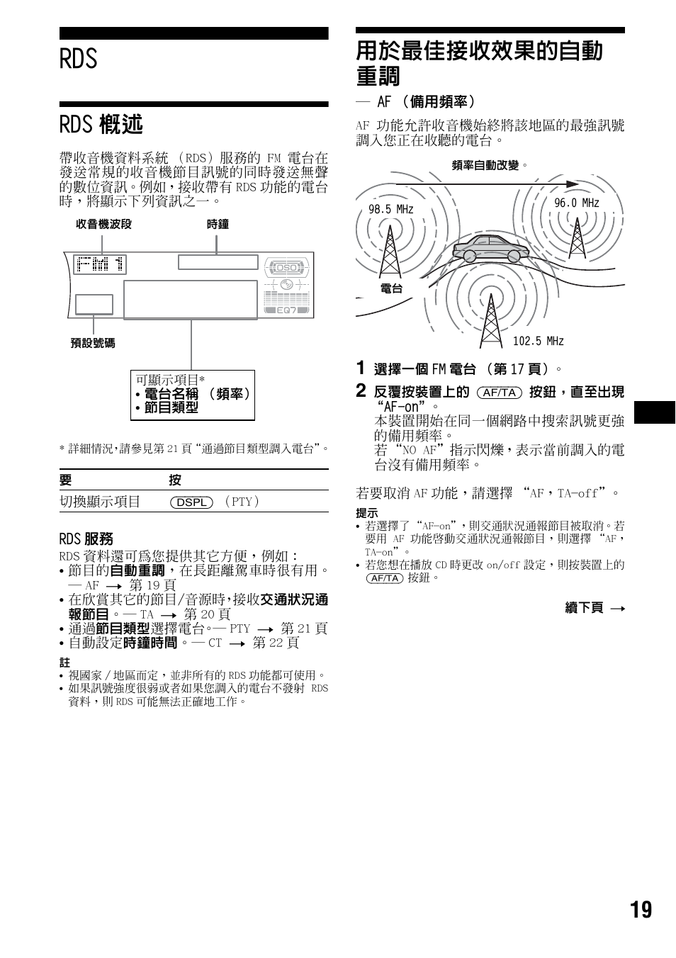 Rds概述, 用於最佳接收效果的自動 重調, Af（備用頻率 | Rds 概述 用於最佳接收效果的自動重調, Af （備用頻率, Rds 概述 | Sony CDX-F7700 User Manual | Page 53 / 72