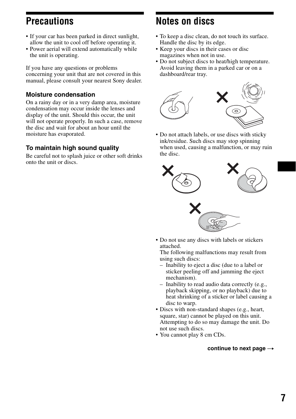 Precautions, Notes on discs, Precautions notes on discs | 7precautions | Sony CDX-F7700 User Manual | Page 7 / 72