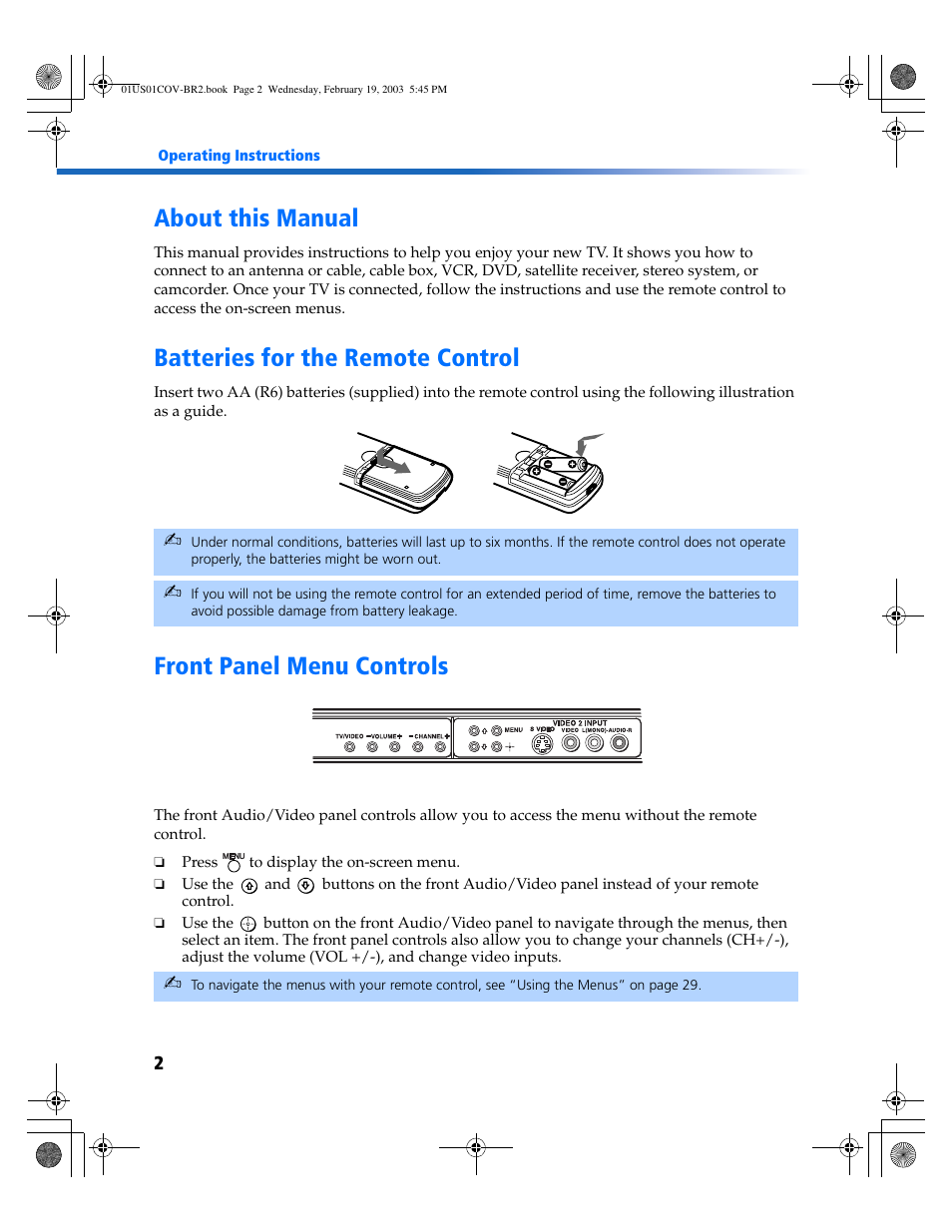 About this manual, Batteries for the remote control, Front panel menu controls | Sony KV-27FV310 User Manual | Page 10 / 68