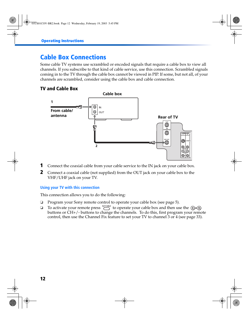 Cable box connections, Tv and cable box | Sony KV-27FV310 User Manual | Page 20 / 68