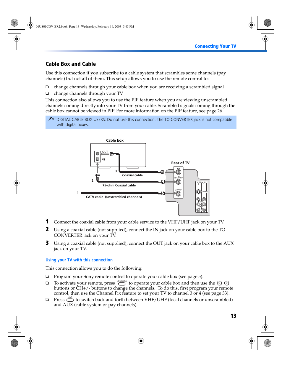 13 cable box and cable | Sony KV-27FV310 User Manual | Page 21 / 68