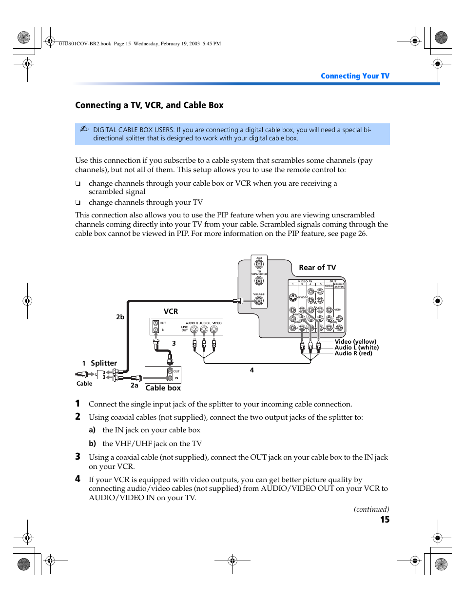 15 connecting a tv, vcr, and cable box, Connecting your tv, Vcr rear of tv | Cable box, Splitter (continued) | Sony KV-27FV310 User Manual | Page 23 / 68