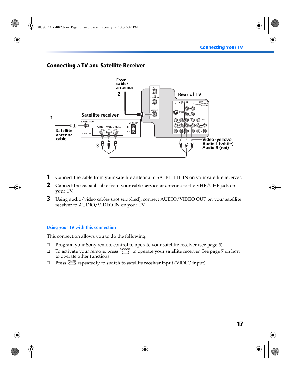 17 connecting a tv and satellite receiver, Connecting your tv, Satellite receiver | Rear of tv | Sony KV-27FV310 User Manual | Page 25 / 68