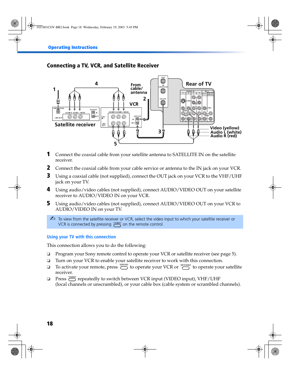 Connecting a tv, vcr, and satellite receiver, 3satellite receiver 1 4 5, Rear of tv | Sony KV-27FV310 User Manual | Page 26 / 68