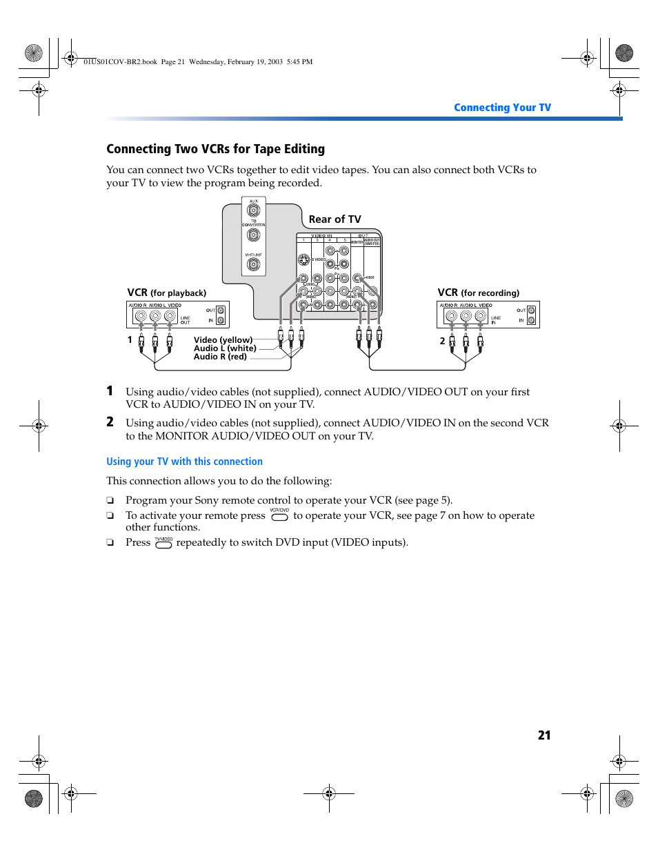 21 connecting two vcrs for tape editing, Connecting your tv, Rear of tv | Sony KV-27FV310 User Manual | Page 29 / 68